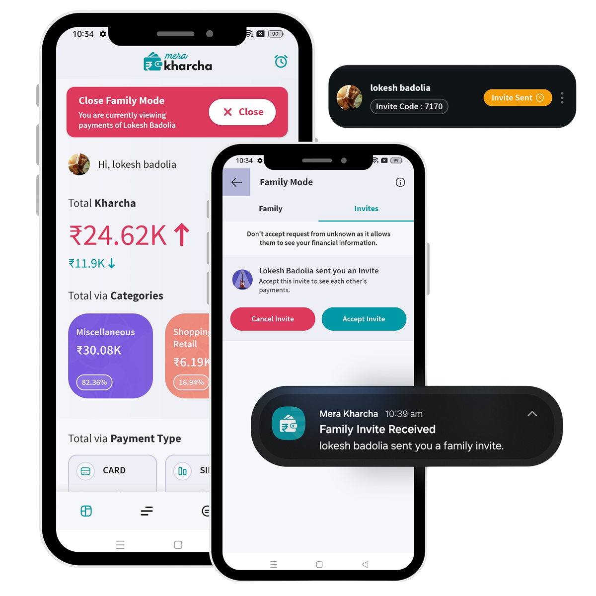 Mera Kharcha family expense tracker showing UPI and bank transactions for multiple members