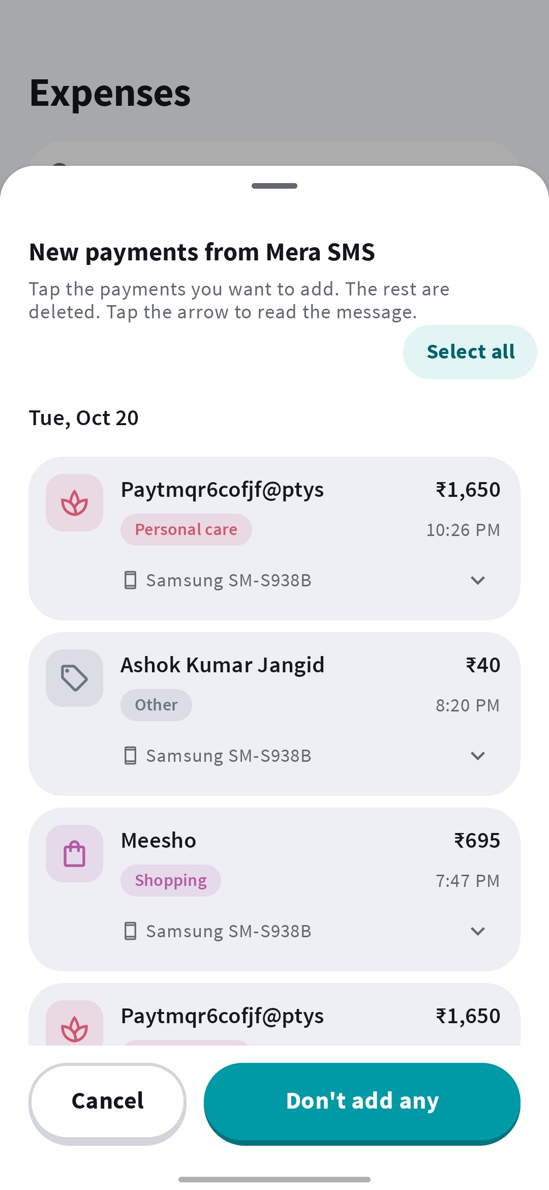 Reviewing new payments imported from Mera SMS in Mera Kharcha
