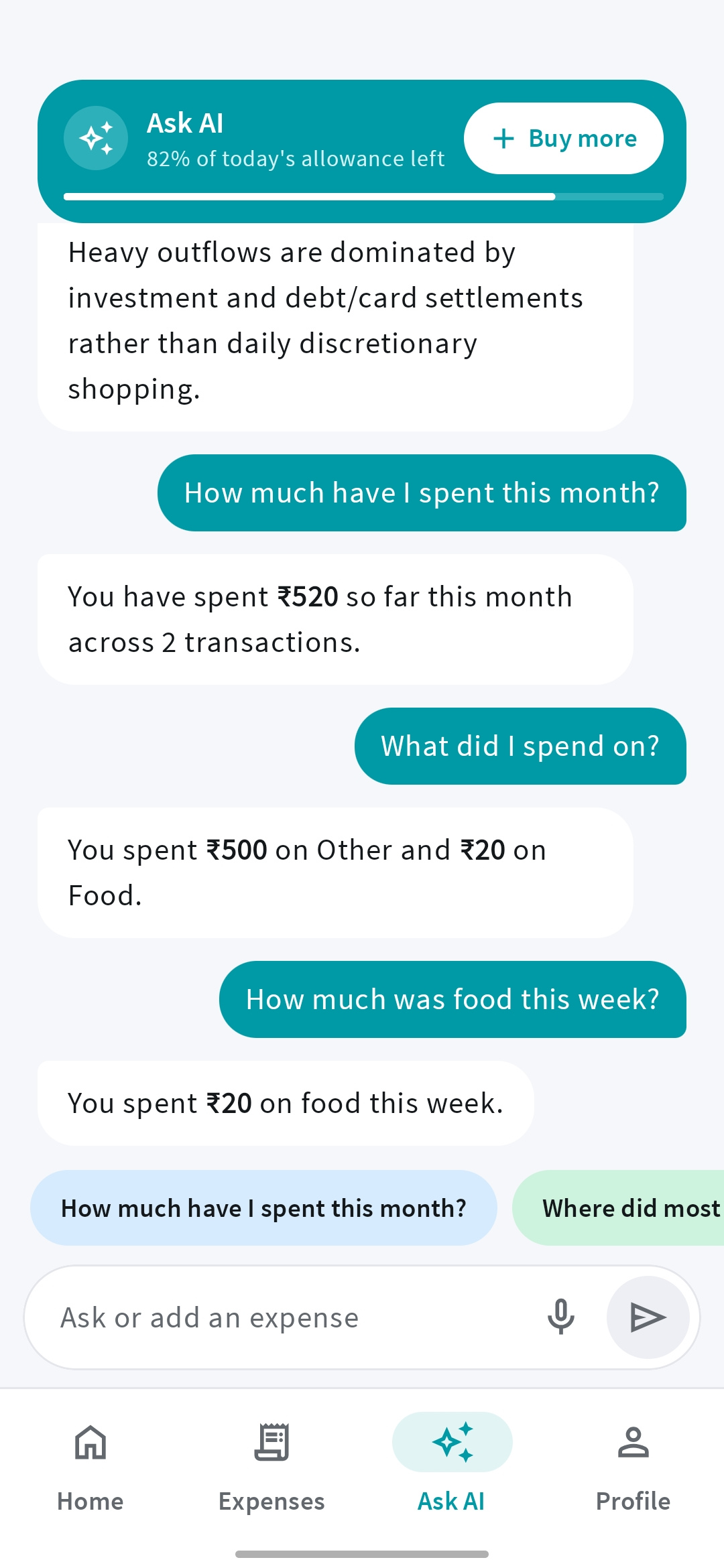 Mera Kharcha Ask AI answering questions about monthly spending and food expenses
