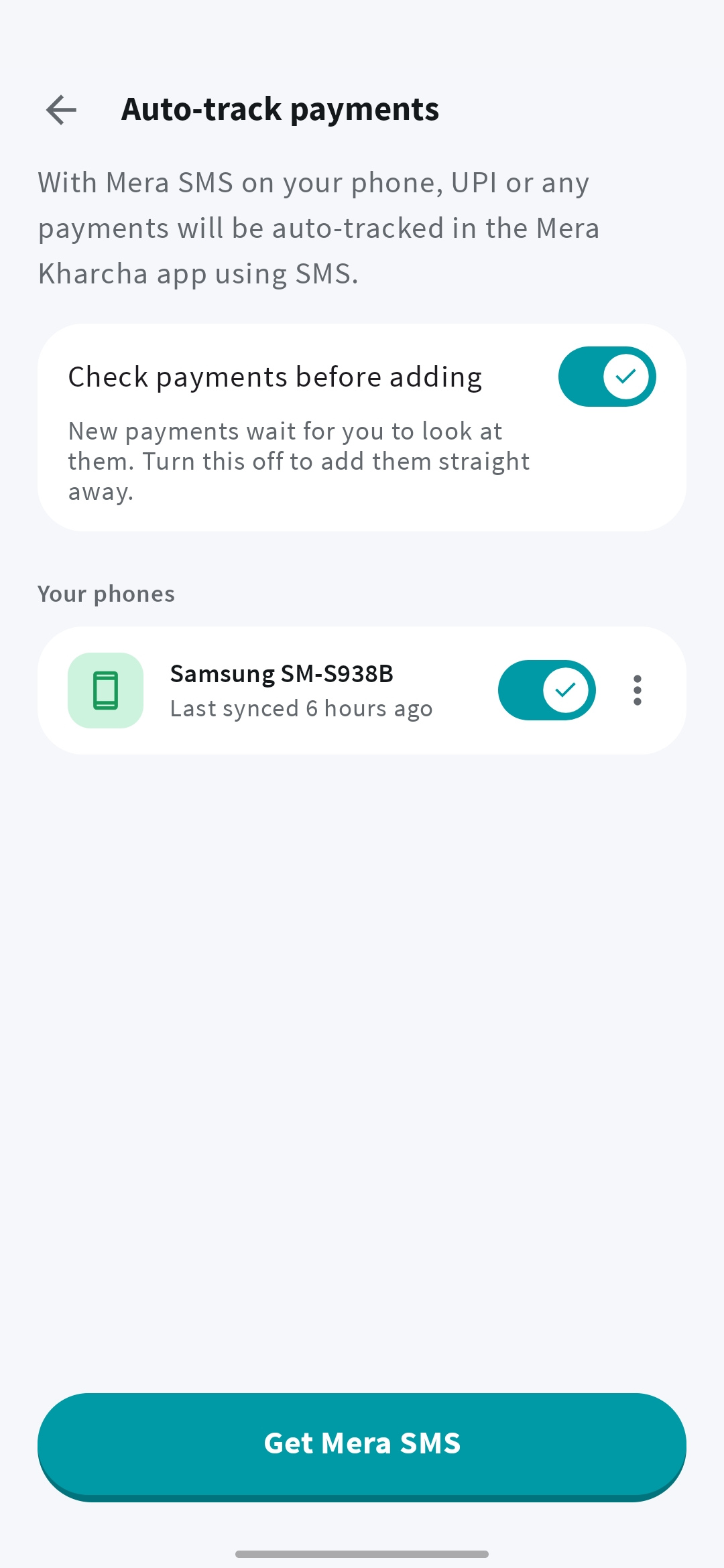 Mera Kharcha auto-tracking settings with payment review and a connected phone