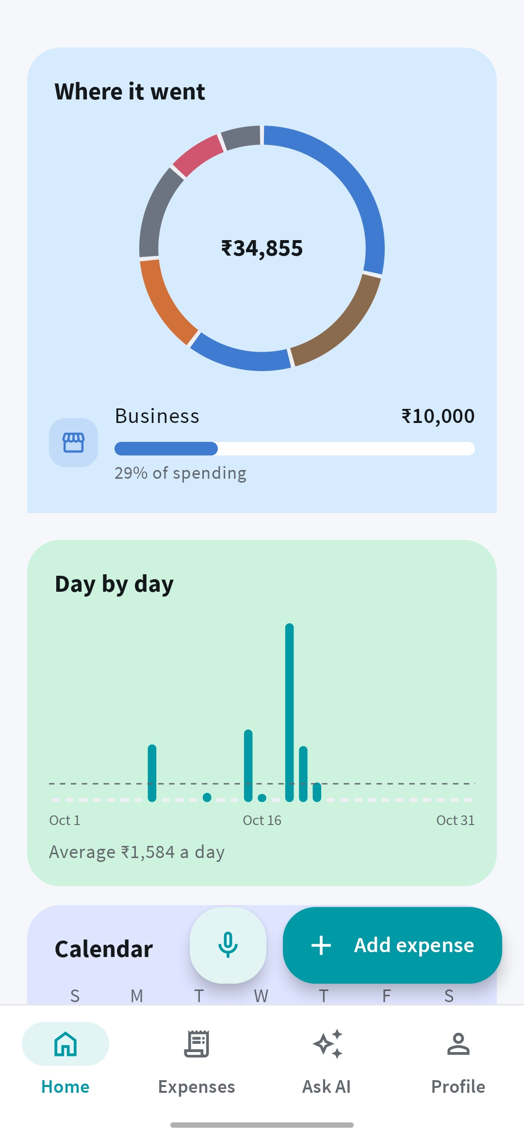 Mera Kharcha spending breakdown, daily chart, and calendar