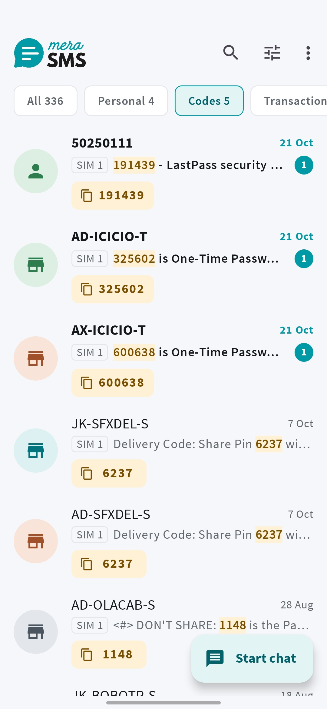 Mera SMS inbox highlighting verification codes with copy controls