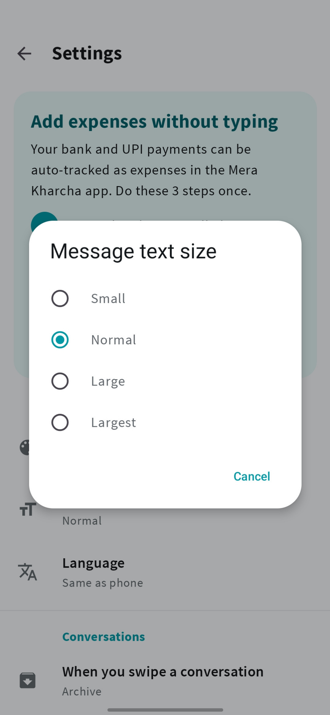 Mera SMS text size setting with theme and display preferences