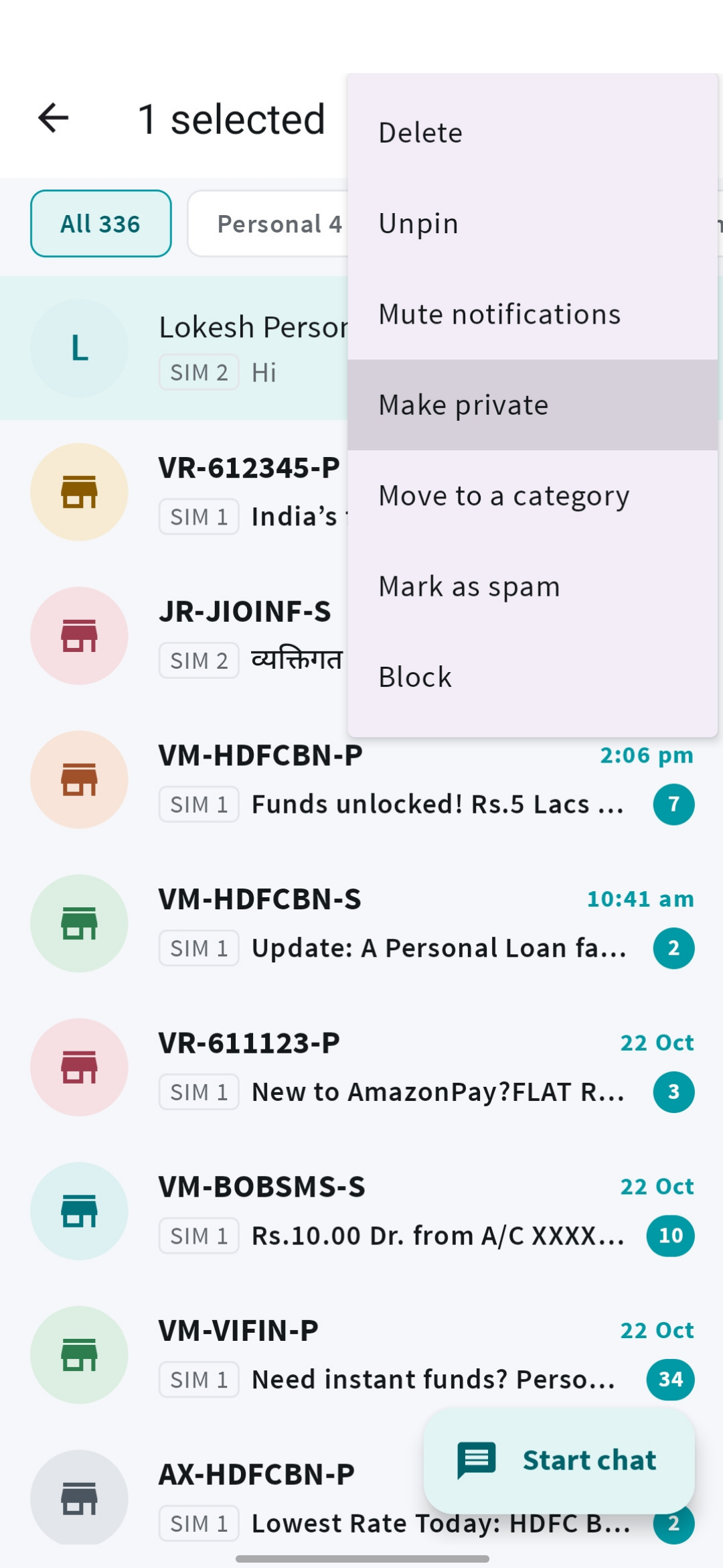Mera SMS conversation menu with the option to make a conversation private